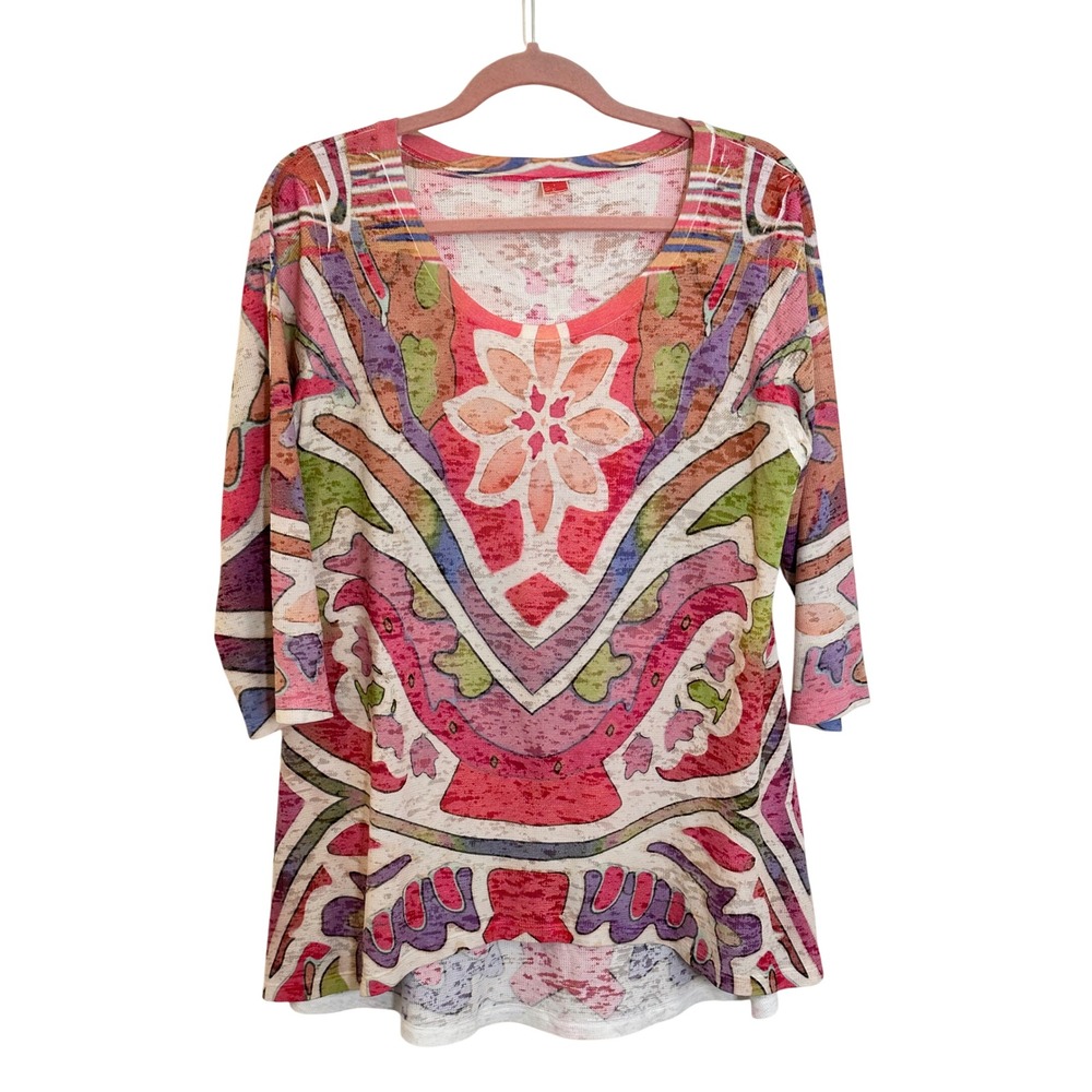 Before + Again Lightweight Thermal Knit Tunic Top Size XL Multicolor Floral Boho